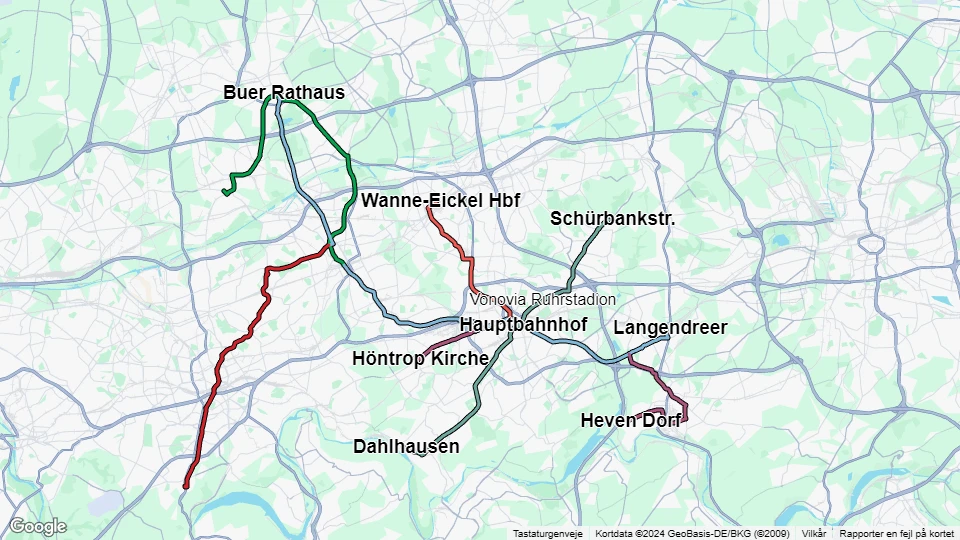 Bochum-Gelsenkirchener Straßenbahnen (BOGESTRA) route map