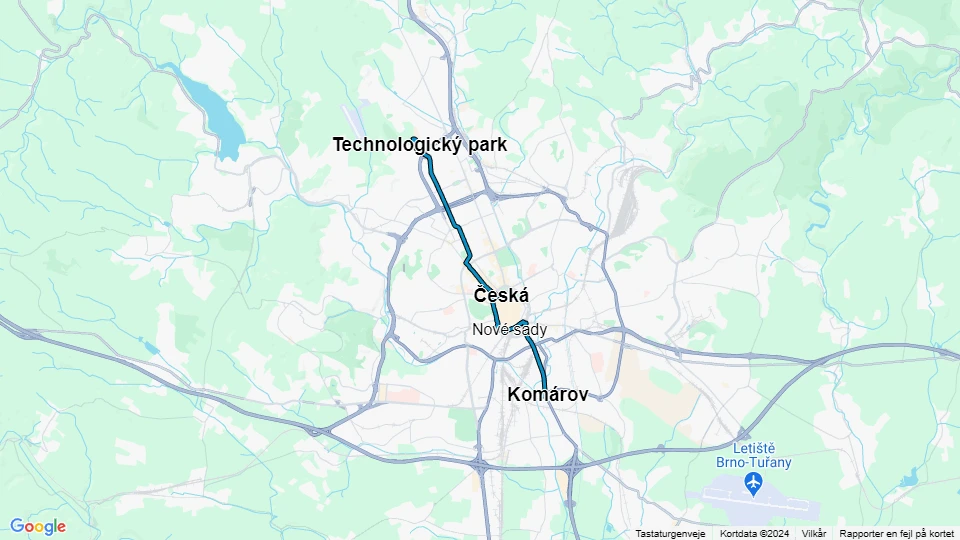 Brno tram line 12: Komárov - Technologický park route map