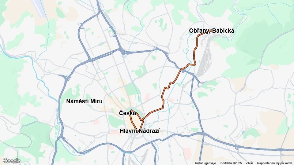 Brno tram line 4: Česká - Obřany, Babická route map