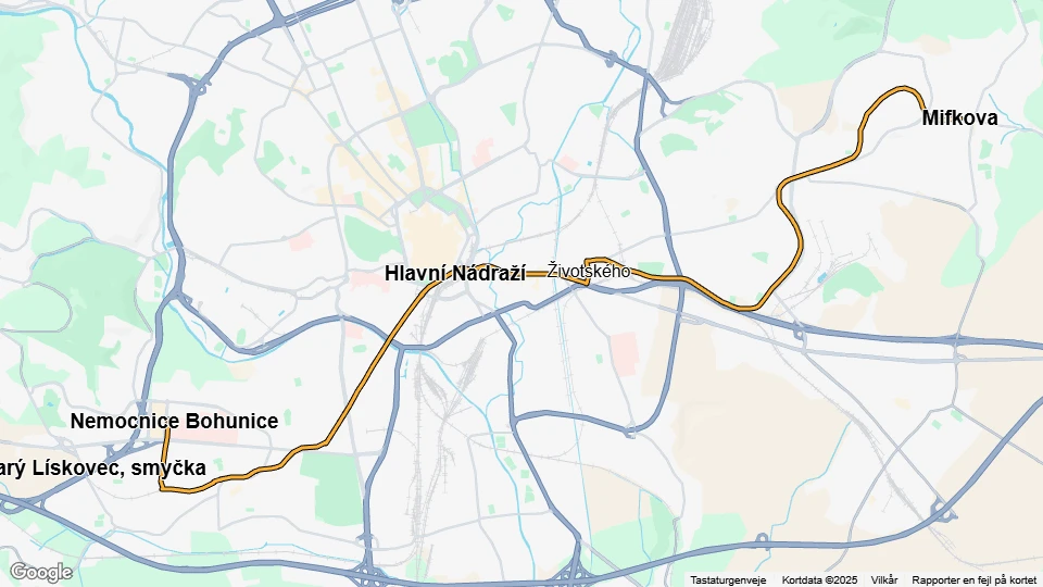 Brno tram line 8: Nemocnice Bohunice - Mifkova route map