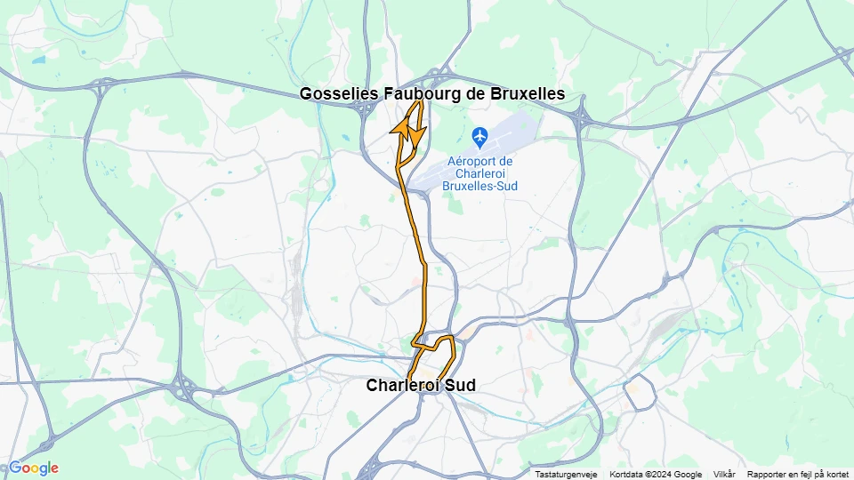 Charleroi tram line M3: Charleroi Sud - Gosselies Faubourg de Bruxelles route map