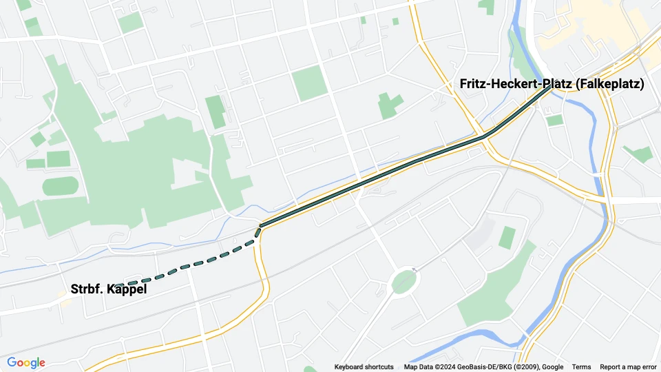 Chemnitz extra line 13: Strbf. Kappel - Fritz-Heckert-Platz (Falkeplatz) route map