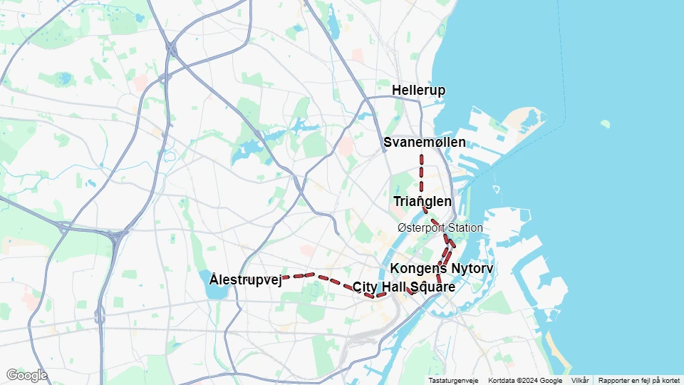 Copenhagen tram line 1: Svanemøllen - Ålestrupvej route map