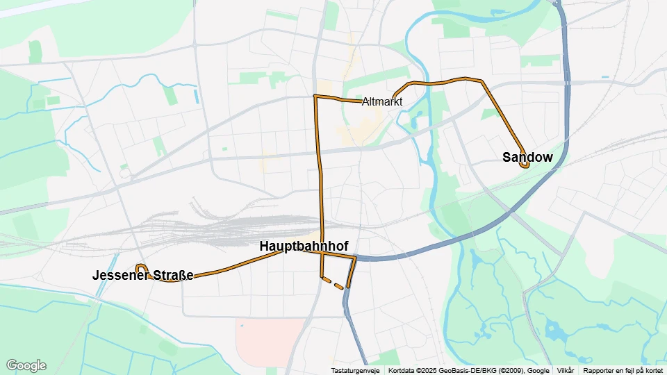 Cottbus extra line 5: Sandow - Jessener Straße route map