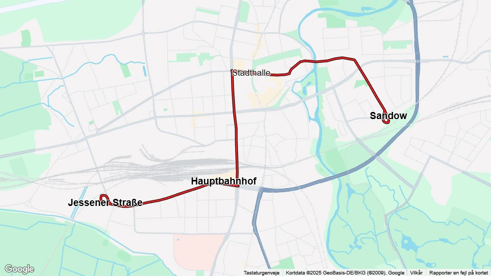 Cottbus tram line 2: Sandow - Jessener Straße route map