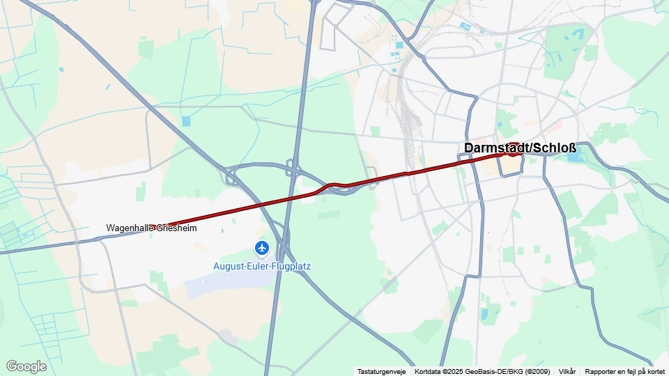 Darmstadt Der Feurige Elias: Darmstadt/Schloß - Wagenhalle Griesheim route map