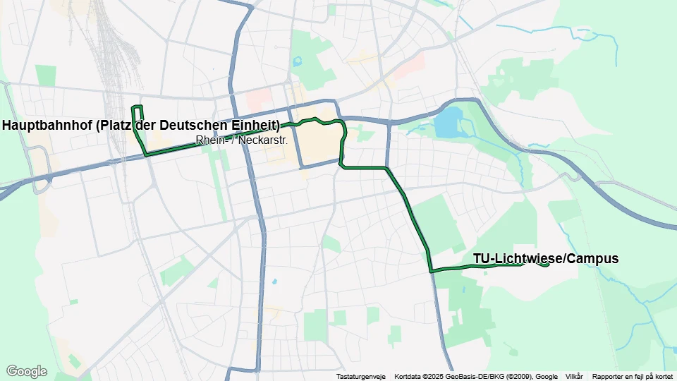 Darmstadt extra line 2: Hauptbahnhof (Platz der Deutschen Einheit) - TU-Lichtwiese/Campus route map