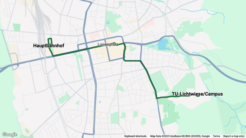 Darmstadt extra line 2: Hauptbahnhof - TU-Lichtwiese/Campus route map