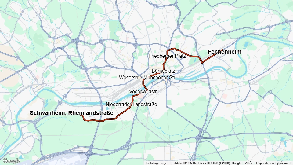 Frankfurt am Main tram line 12: Schwanheim, Rheinlandstraße - Fechenheim route map