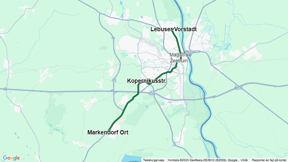 Frankfurt (Oder) tram line 4: Markendorf Ort - Lebuser Vorstadt route map