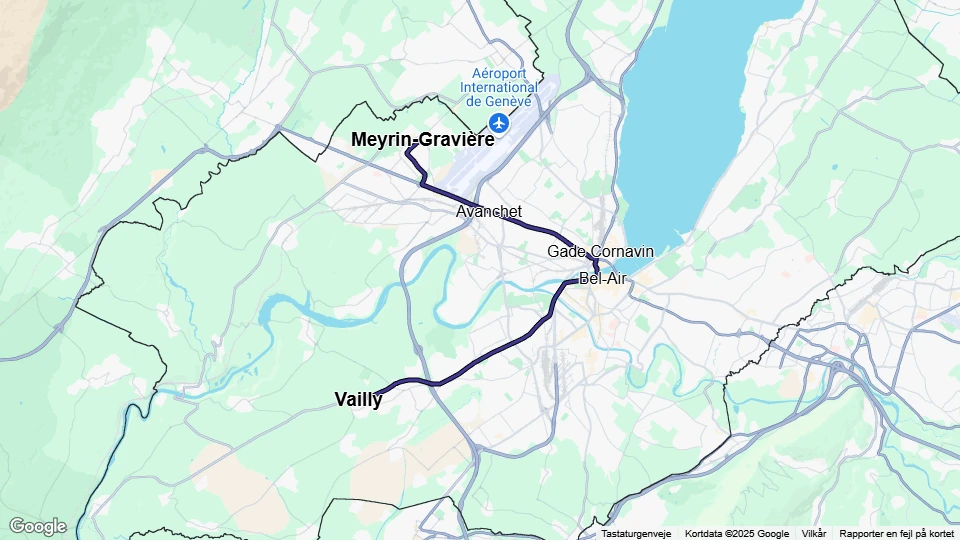 Geneva tram line 14: Vailly - Meyrin-Gravière route map