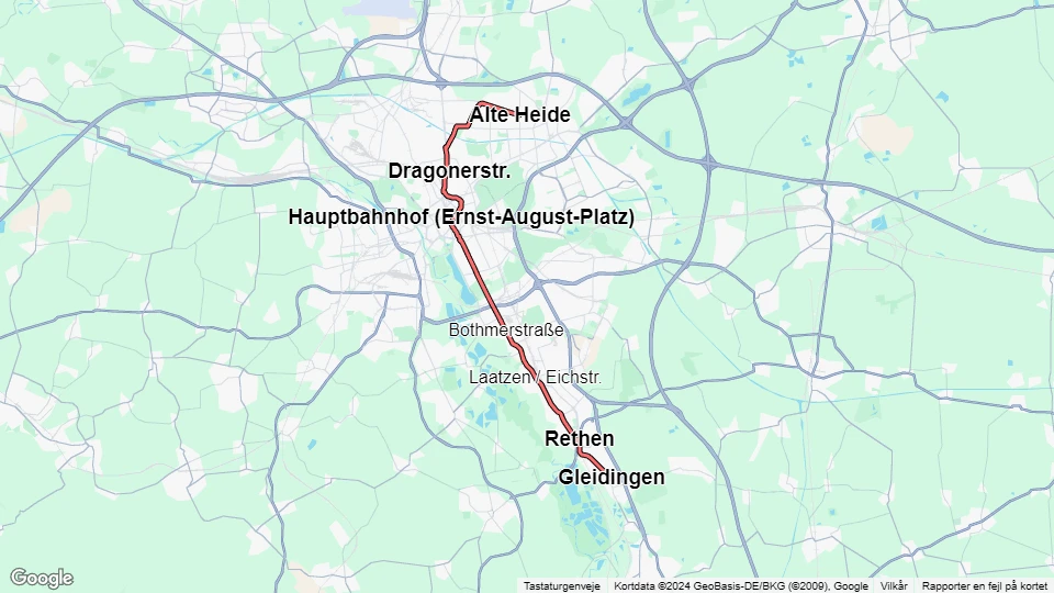 Hannover tram line 2: Alte Heide - Gleidingen route map