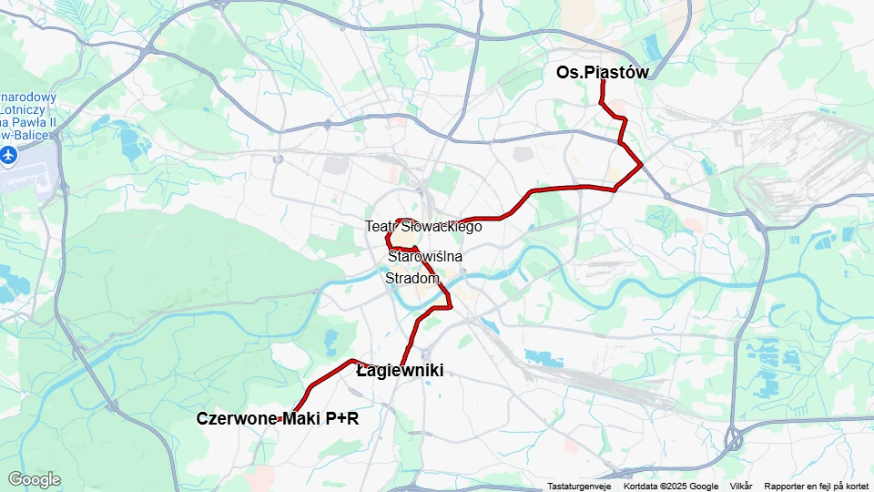 Kraków fast line 52: Czerwone Maki P+R - Os.Piastów route map