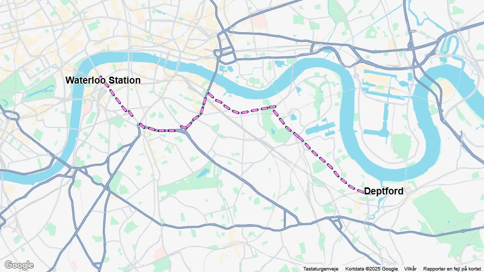 London tram line 68: Waterloo Station - Deptford route map