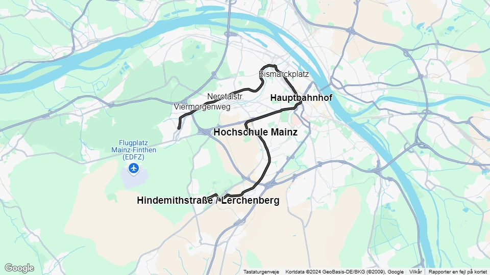 Mainz tram line 51: Poststraße / Finthen - Hindemithstraße / Lerchenberg route map