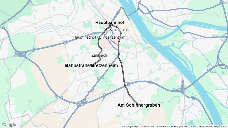 Mainz tram line 52: Bahnstraße/Bretzenheim - Am Schinnergraben route map