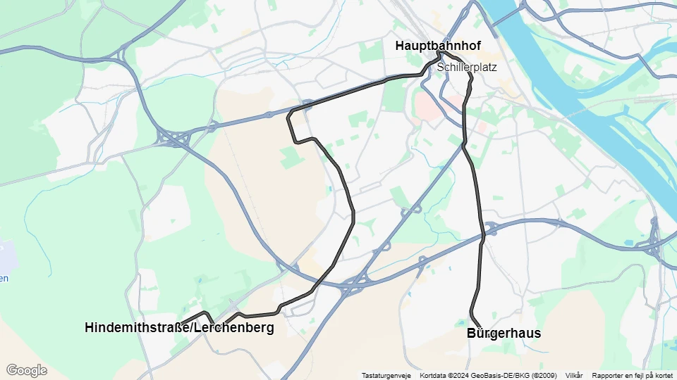 Mainz tram line 53: Bürgerhaus - Hindemithstraße / Lerchenberg route map