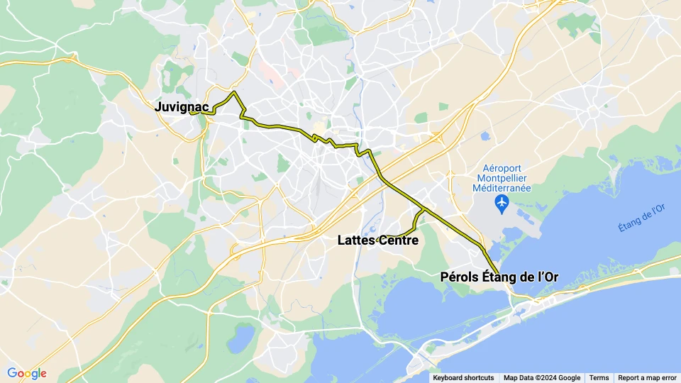 Montpellier tram line 3: Juvignac - Pérols Étang de l'Or route map