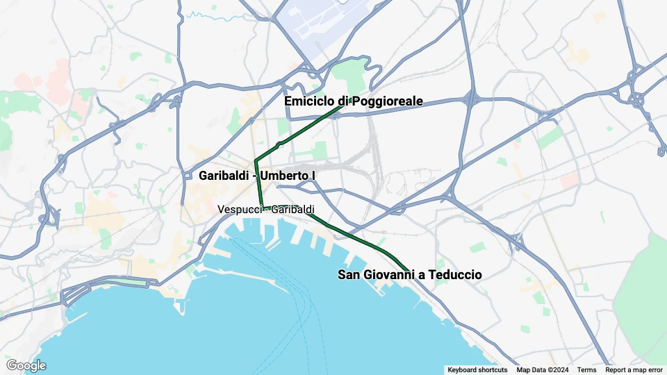 Naples tram line 2: Emiciclo di Poggioreale - San Giovanni a Teduccio route map