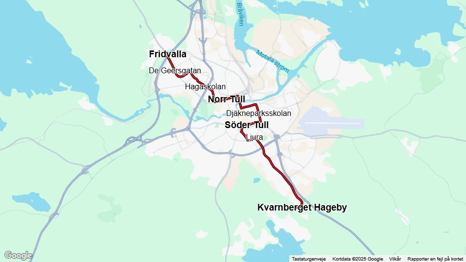 Norrköping tram line 2: Fridvalla - Kvarnberget Hageby route map