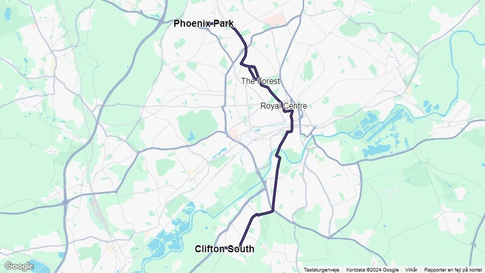 Nottingham tram line Purple: Clifton South - Phoenix Park route map