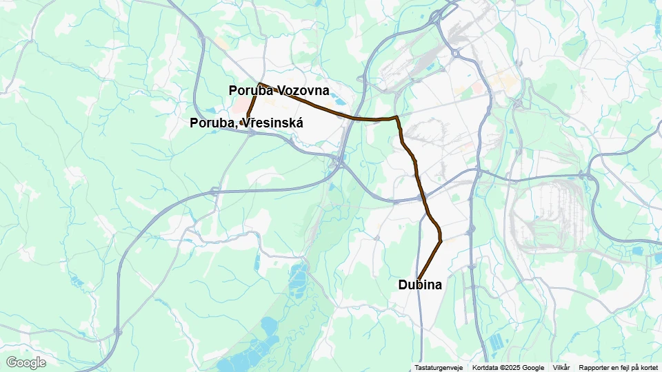 Ostrava tram line 17: Dubina - Poruba, Vřesinská route map