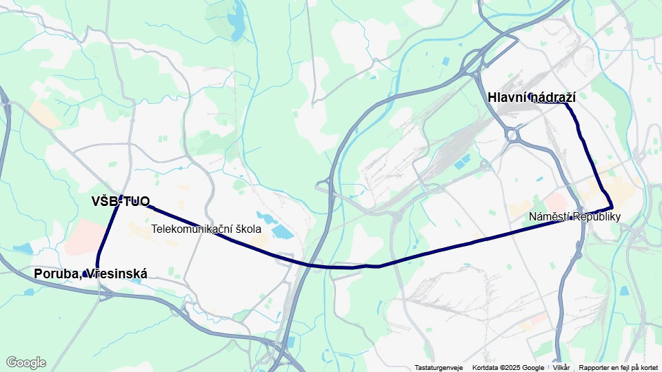 Ostrava tram line 8: Hlavní nádraží - Poruba, Vřesinská route map