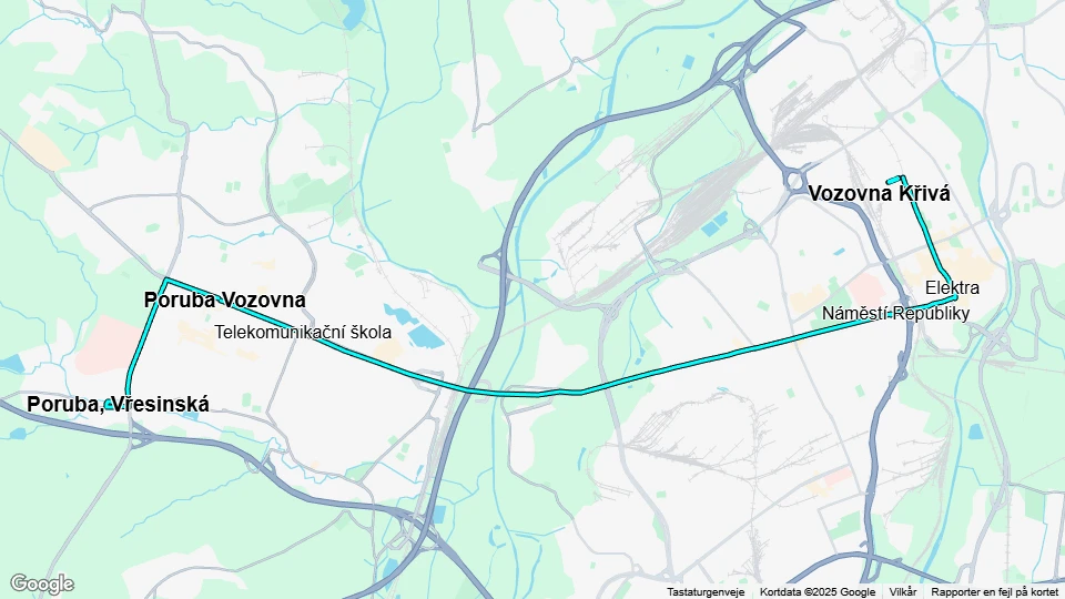 Ostrava tram line 9: Poruba, Vřesinská - Vozovna Křivá route map