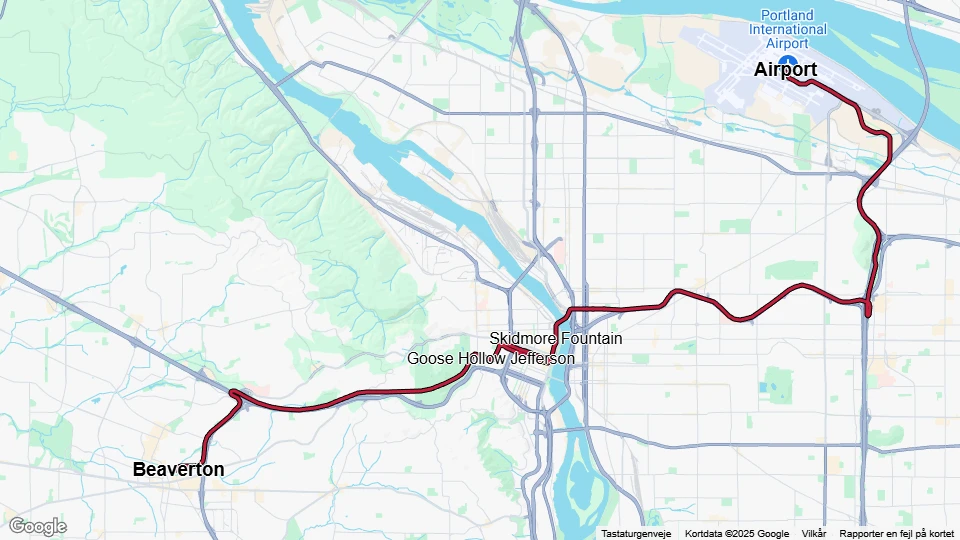 Portland regional line Red: Beaverton - Airport route map