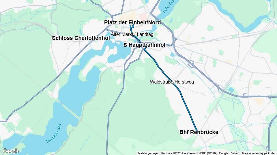 Potsdam extra line 98: Platz der Einheit / Nord - Bhf Rehbrücke route map