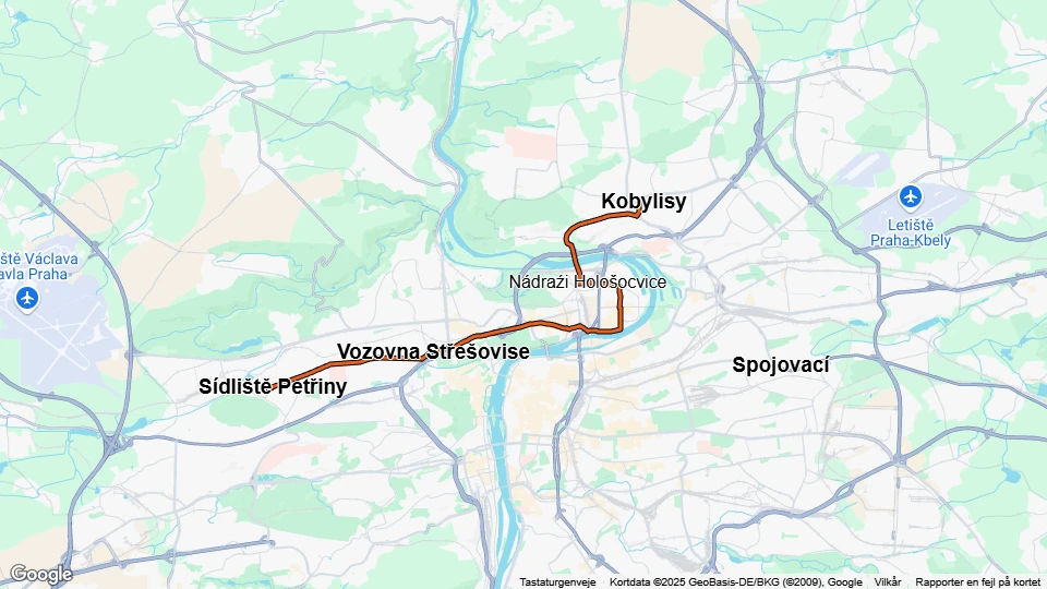 Prague tram line 1: Sídliště Petřiny - Kobylisy route map