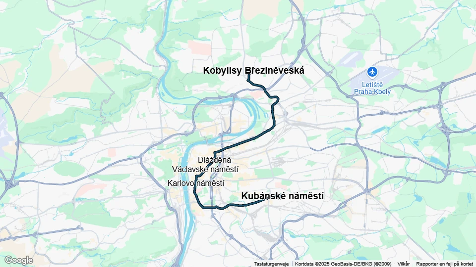 Prague tram line 24: Kubánské náměstí - Kobylisy Březiněveská route map