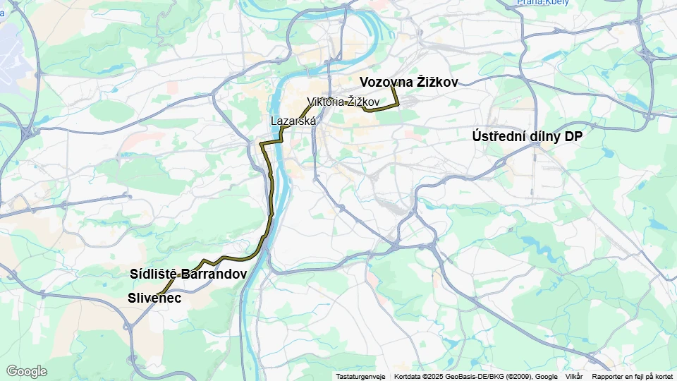 Prague tram line 5: Slivenec - Vozovna Žižkov route map