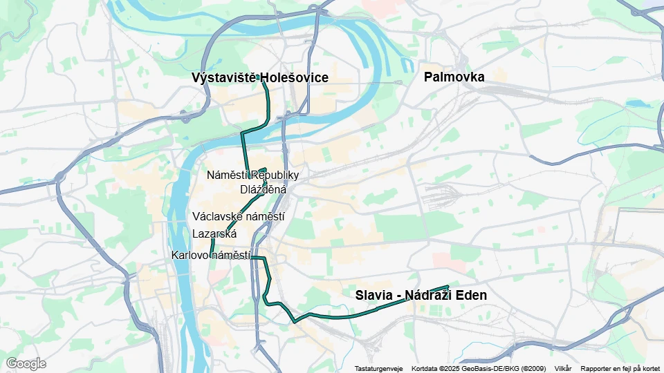 Prague tram line 6: Výstaviště Holešovice - Kubánské náměstí route map
