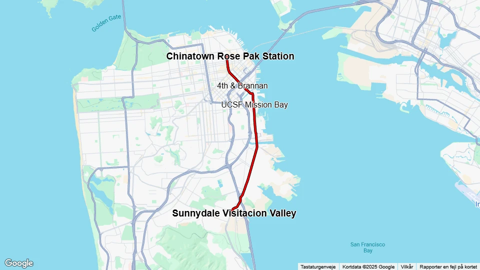 San Francisco tram line T Third Street: Chinatown - Sunnydale route map
