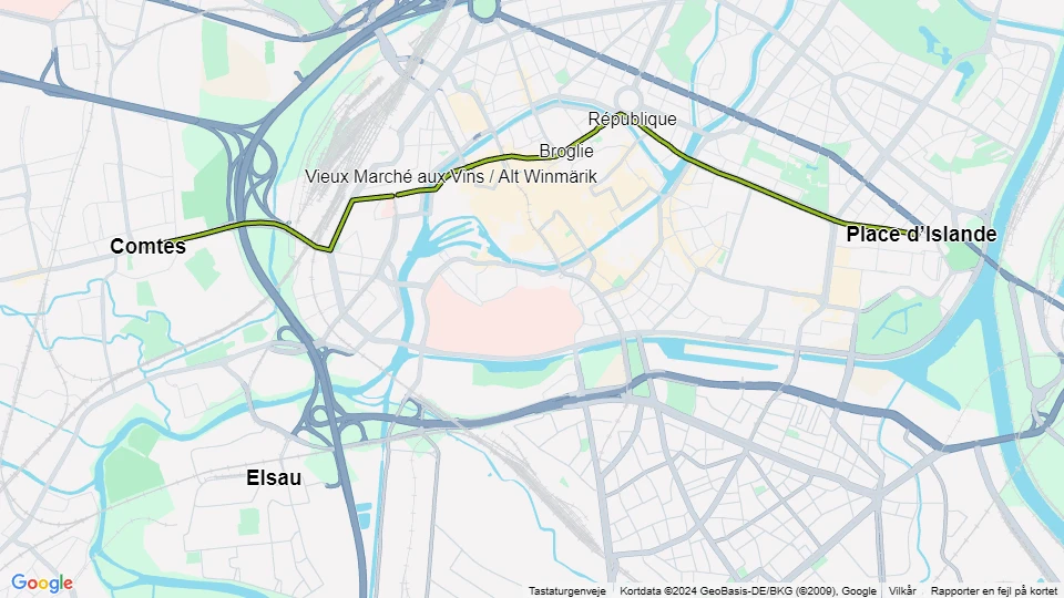 Strasbourg tram line F: Comtes - Place d'Islande route map