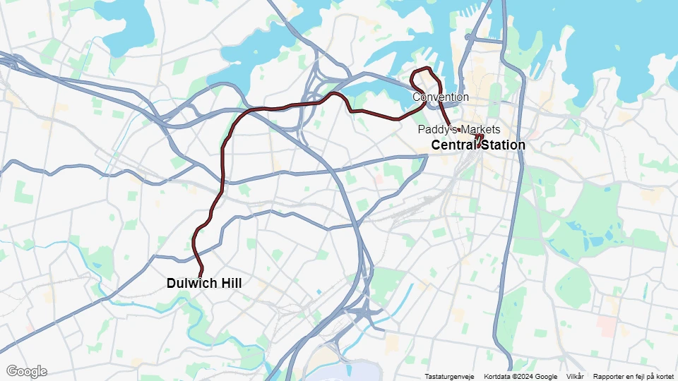 Sydney light rail line L1: Dulwich Hill - Central Station route map