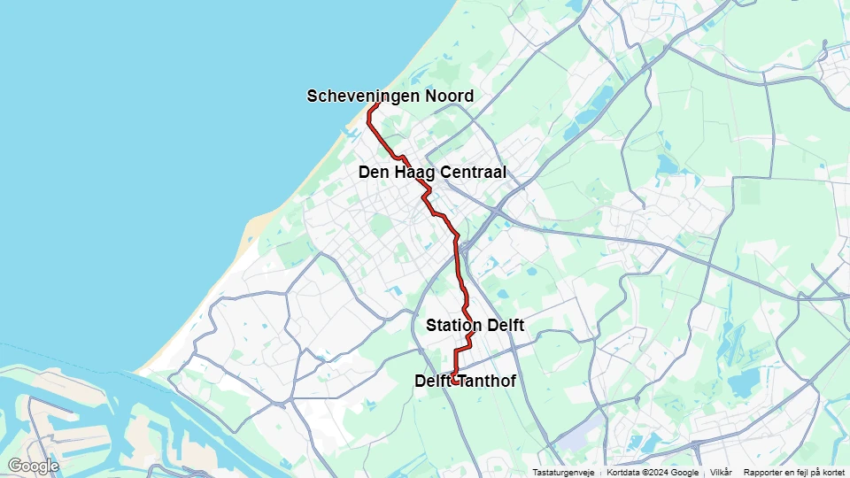 The Hague tram line 1: Scheveningen Noord - Delft Tanthof route map