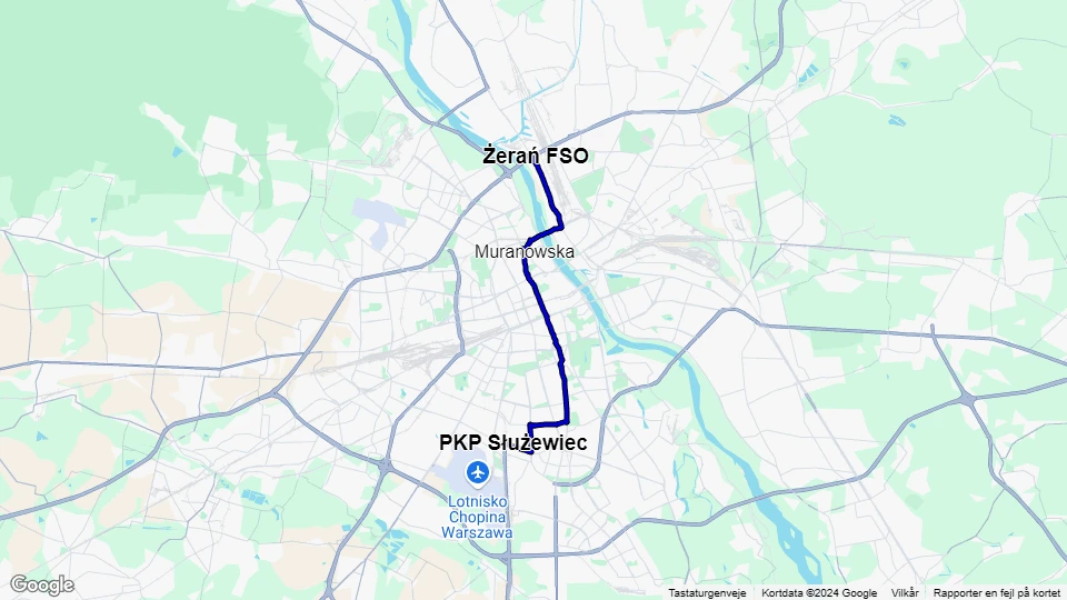 Warsaw tram line 18: PKP Służewiec - Żerań FSO route map