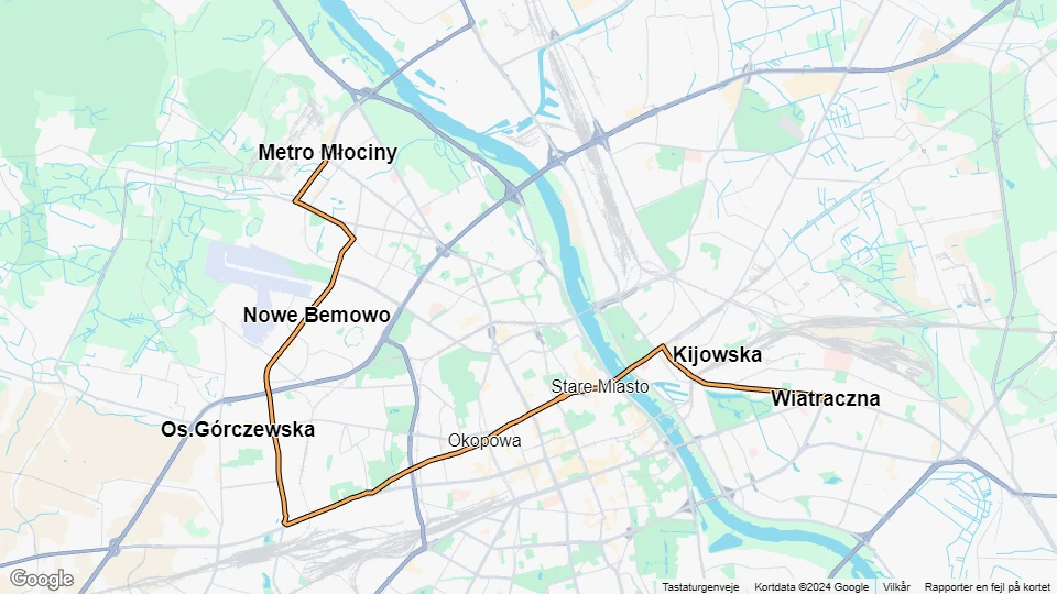 Warsaw tram line 26: Metro Młociny - Wiatraczna route map