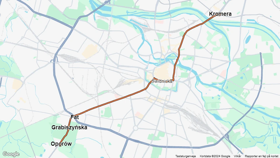 Wrocław tram line 11: Kromera - Oporów route map