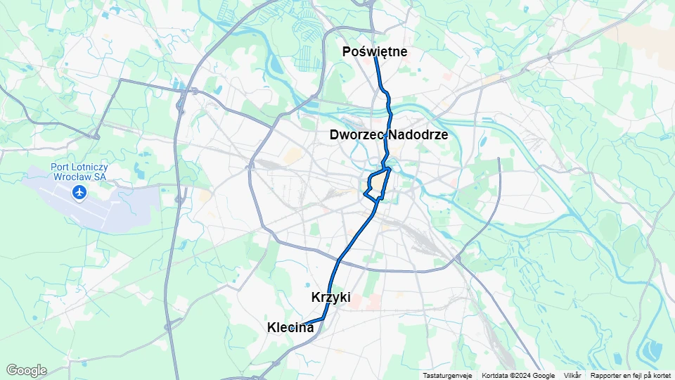 Wrocław tram line 7: Klecina - Poświętne route map