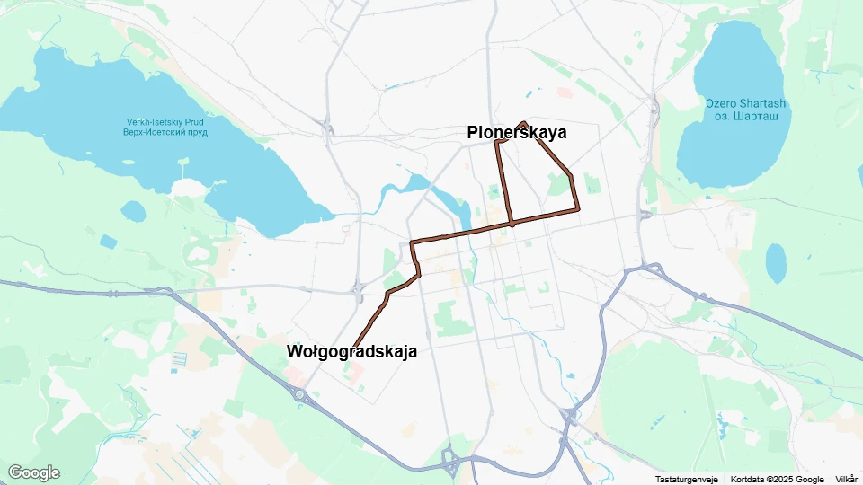 Yekaterinburg tram line 26: Wołgogradskaja - Pionerskaya route map