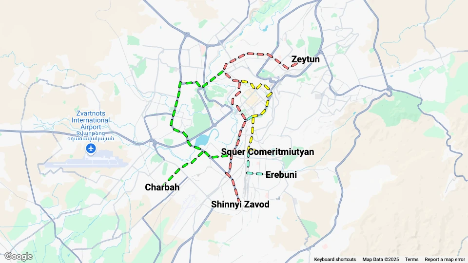 Yerevan Tramways route map