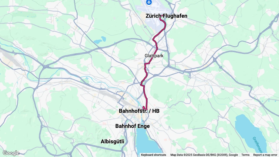 Zürich regional line 10: Bahnhofplatz/HB - Zürich Flughafen route map