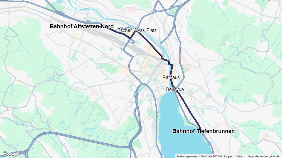 Zürich tram line 4: Bahnhof Tiefenbrunnen - Bahnhof Altstetten Nord route map