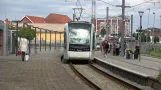 A light rail train arrives in Grenå 12-06-2022