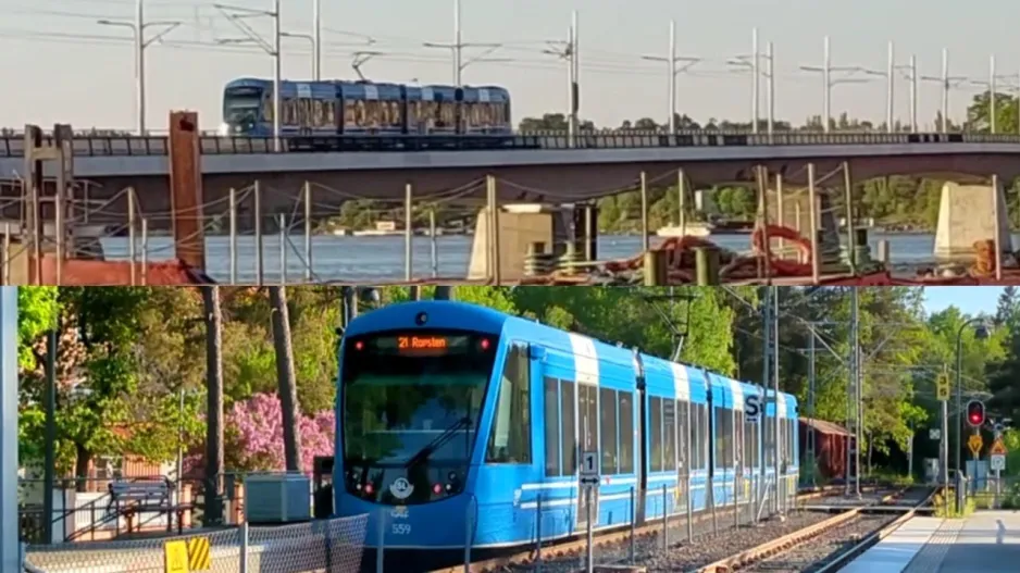 Lidingöbanan sporvogn Stockholm - Lidingö, Lilla Lidingö bro åbnet. Sporvogn A36 (CAF Urbos AXL).