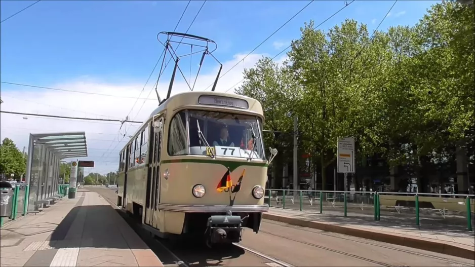 Magdeburg Tram: Historic T4D 1001 as special line 77 on the move at the European Festival on 15.05.16